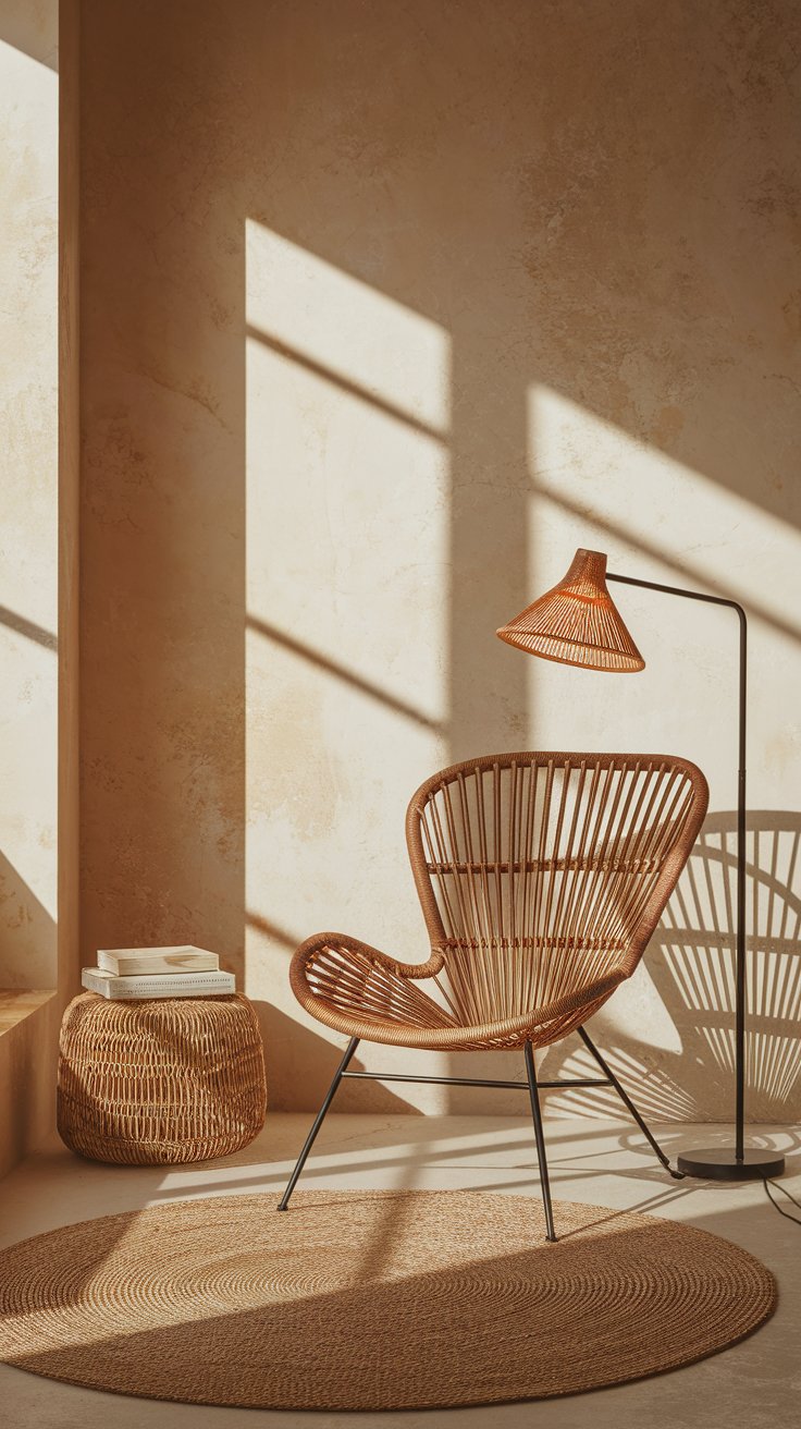 Sun-drenched corner featuring a sculptural rattan chair paired with a matching woven floor lamp and side table, all set atop a circular jute rug. The warm, textured walls and long shadows cast by natural light enhance the earthy, minimalist aesthetic.