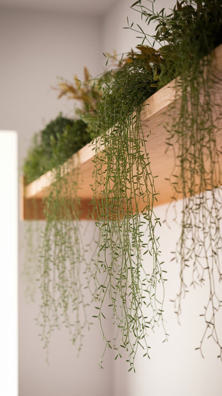 Trailing plants cascading from a wall-mounted shelf in a sunlit minimalist room, viewed from below to highlight leaf texture and shelf styling.