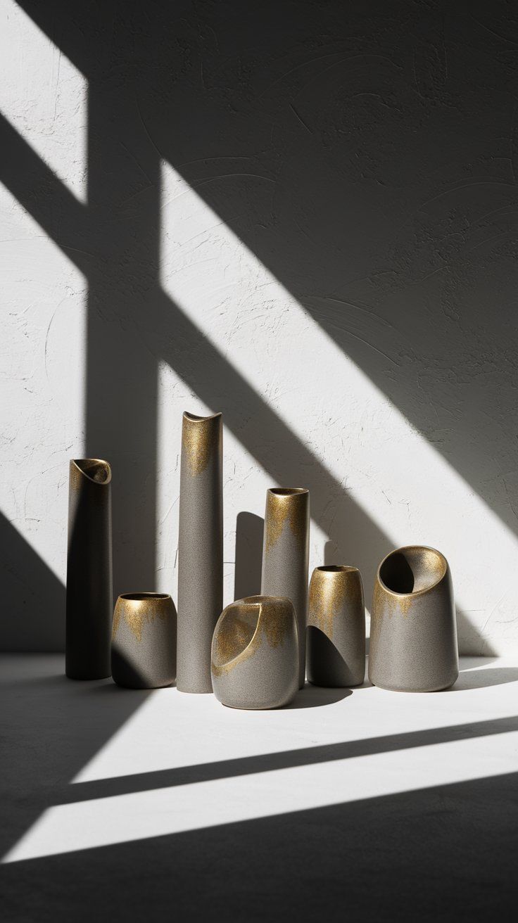 Close-up of sculptural planters arranged like art pieces against a white textured wall, with bold shadows and minimal tones.