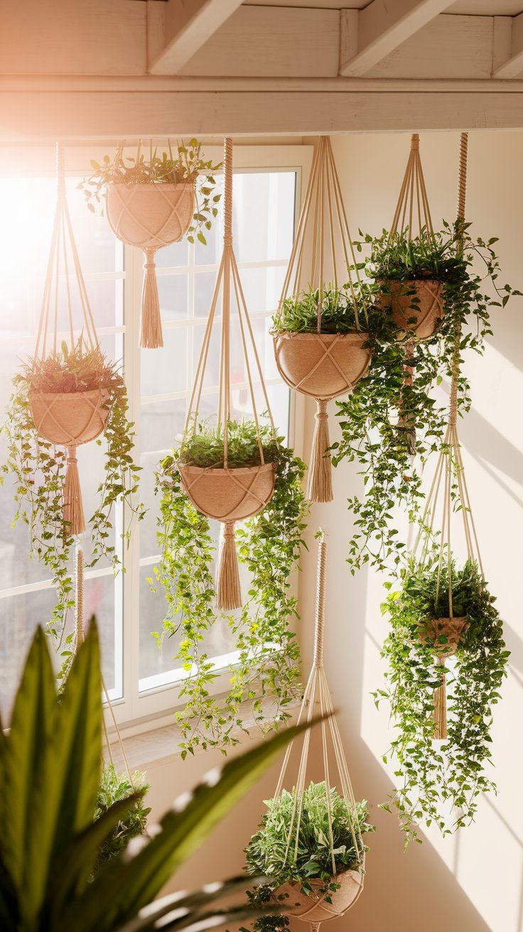 Aerial view of a space filled with hanging planters at different heights, framed by a high ceiling and soft sunbeams streaming through a window.