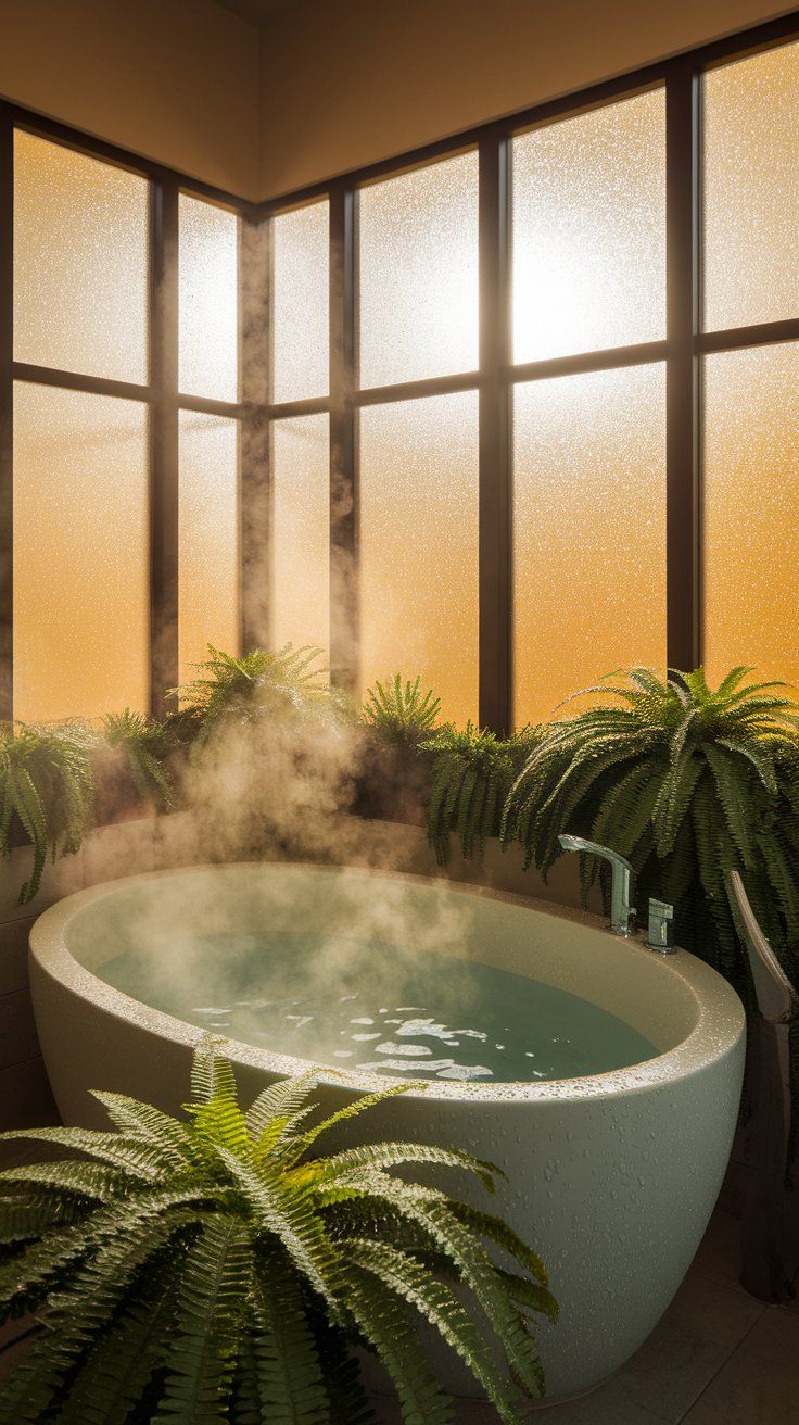 Modern bathroom with steamy ambiance, surrounded by lush ferns and leafy plants near a soaking tub and muted stone-toned walls.
