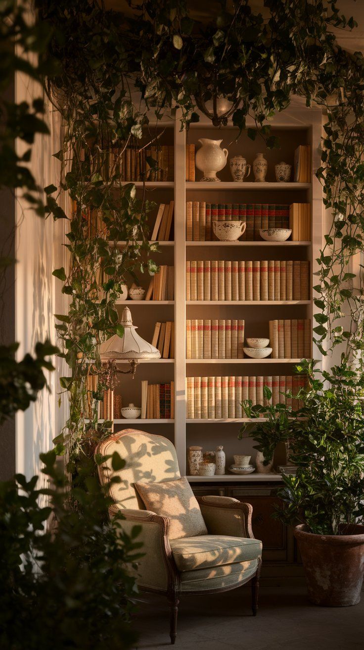 Bookshelf layered with potted plants and vintage decor, casting organic shadows onto the wall in low evening lighting.