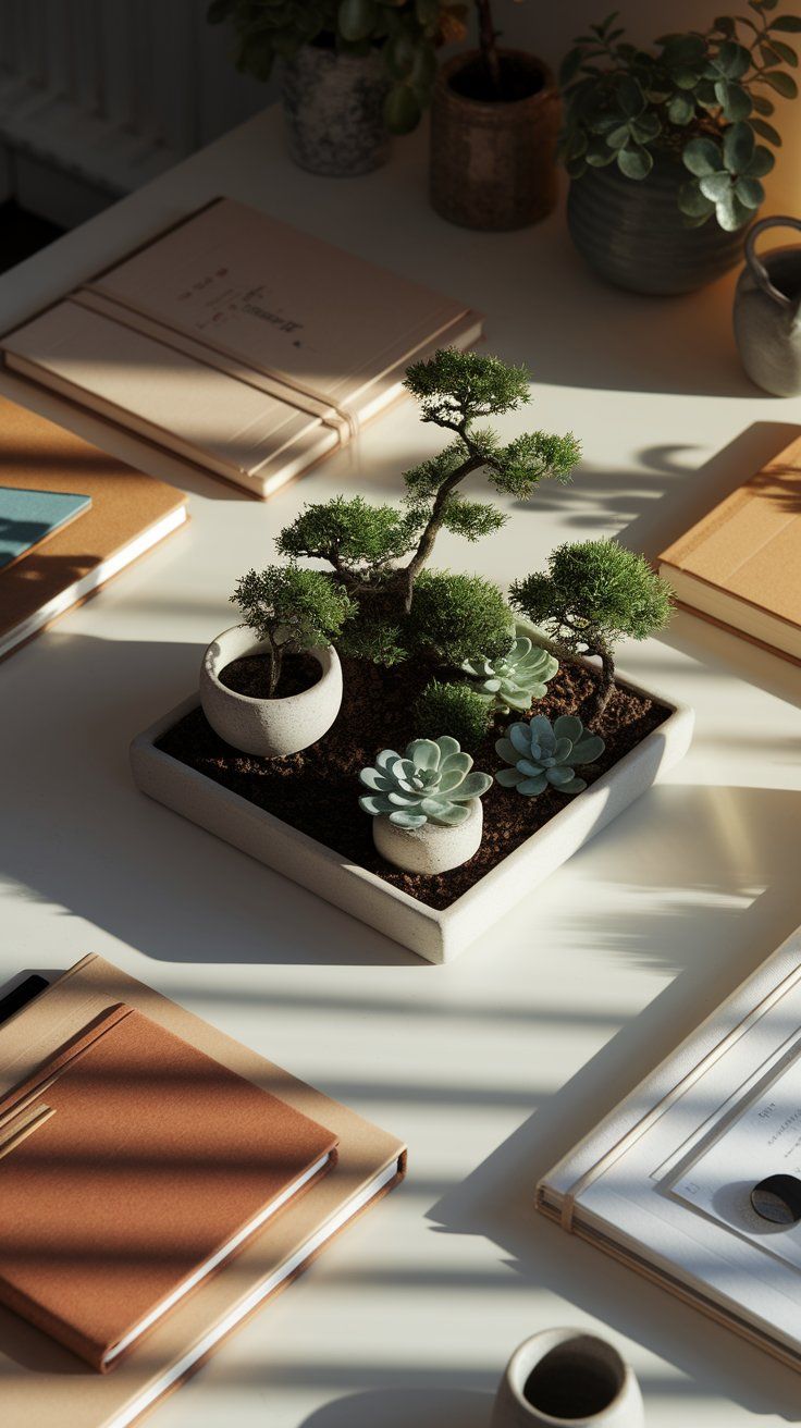 Bird’s eye view of a minimalist desk setup featuring a tiny zen garden of succulents and bonsai, surrounded by journals and pens.