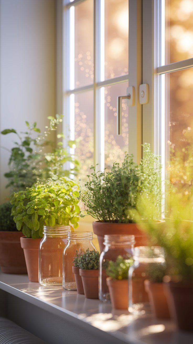 Bright window ledge filled with assorted mini potted plants and herbs in glass and clay containers, soft-focus garden view outside.