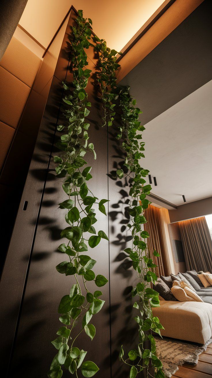 Tall cabinet with trailing ivy plants elegantly draping down its sides, captured from a low upward angle to accentuate vertical flow.