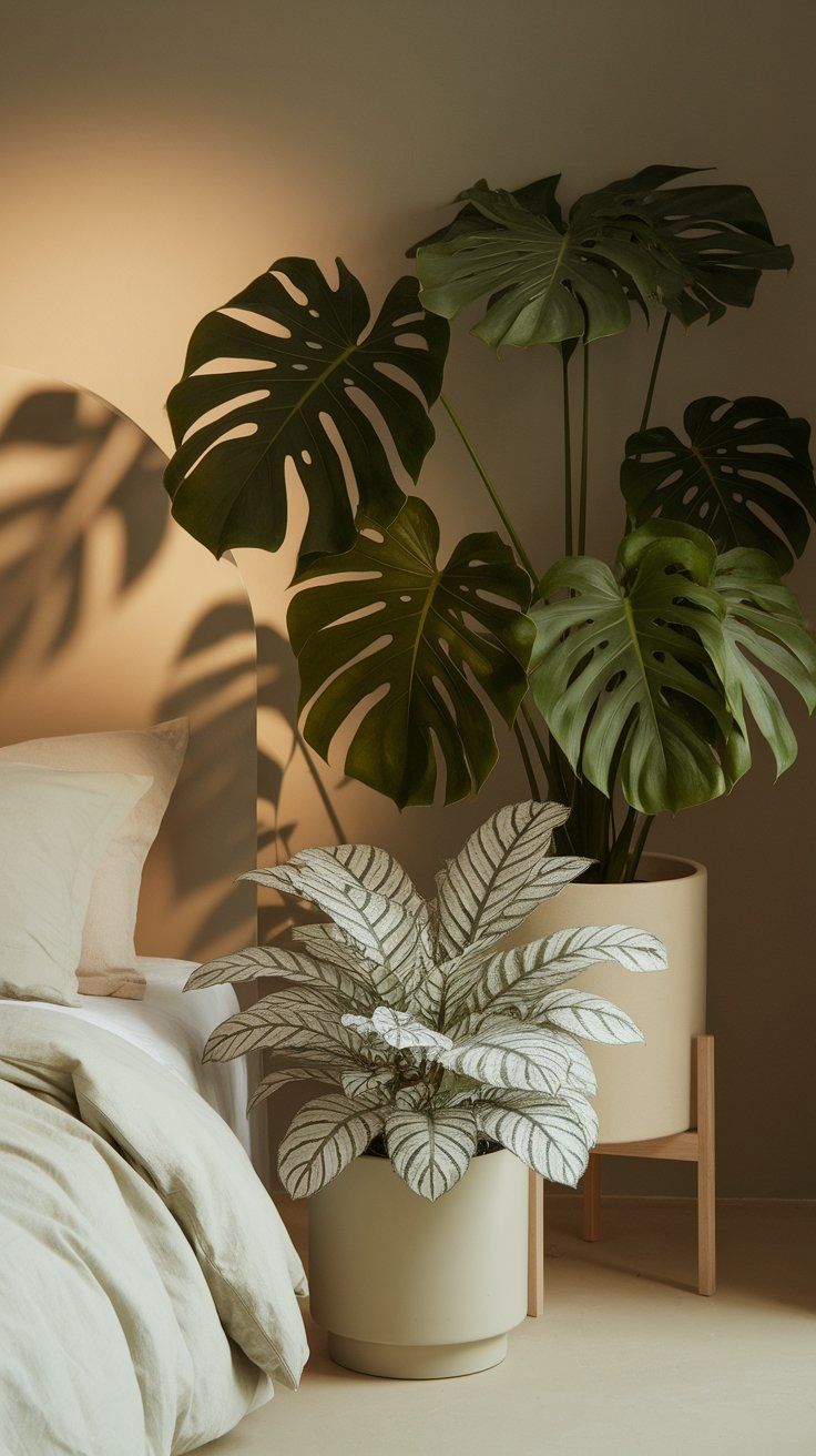 A neutral-toned bedroom where green monstera and silver pilea plants stand out against white and beige decor, drawing focus with their vivid foliage.