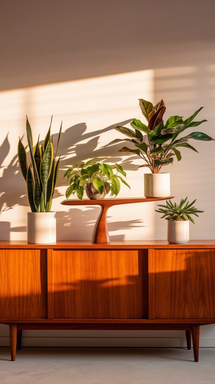 Three indoor plants—snake plant, pothos, and ZZ plant—styled with equal spacing on a wooden console, set against a clean, uncluttered wall.