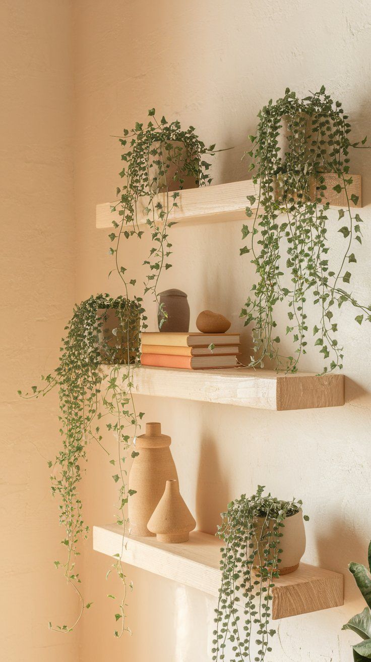 Floating wood shelves on a white wall with trailing ivy and string-of-pearls plants cascading down, paired with neutral ceramics and soft daylight.