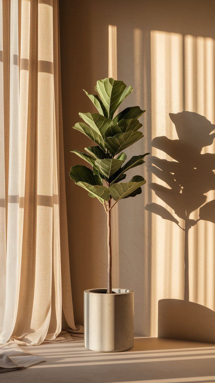 A tall fiddle leaf fig in a slender concrete pot stands in a bright corner with sheer curtains, adding vertical presence without overwhelming the space.