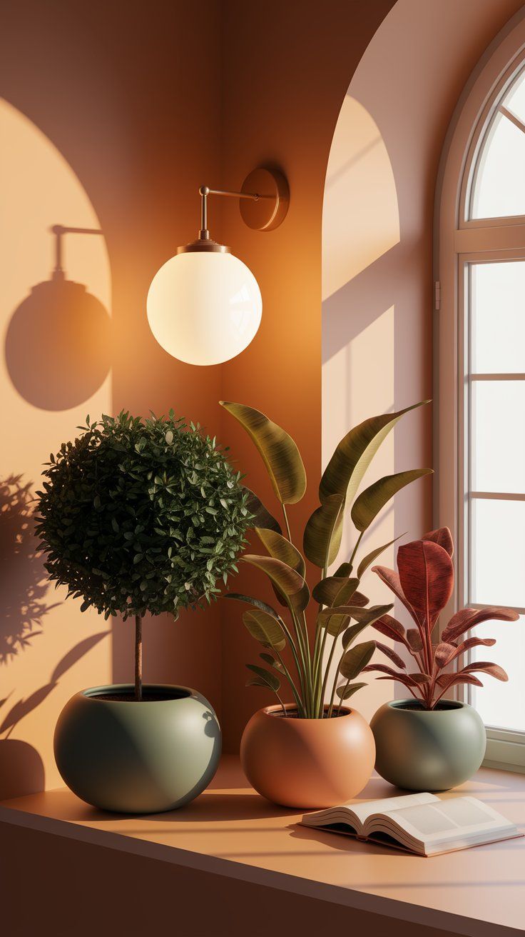A reading nook with plants in round planters that echo the curved shapes of a globe lamp and arched window, creating a unified minimalist design.