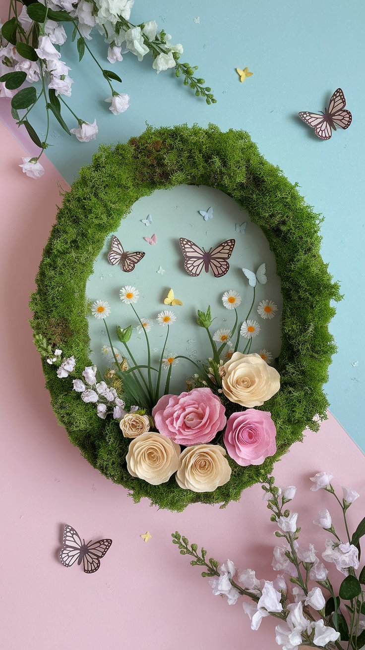 3D shadow box garden with faux moss and paper florals for cozy cottagecore wall decor