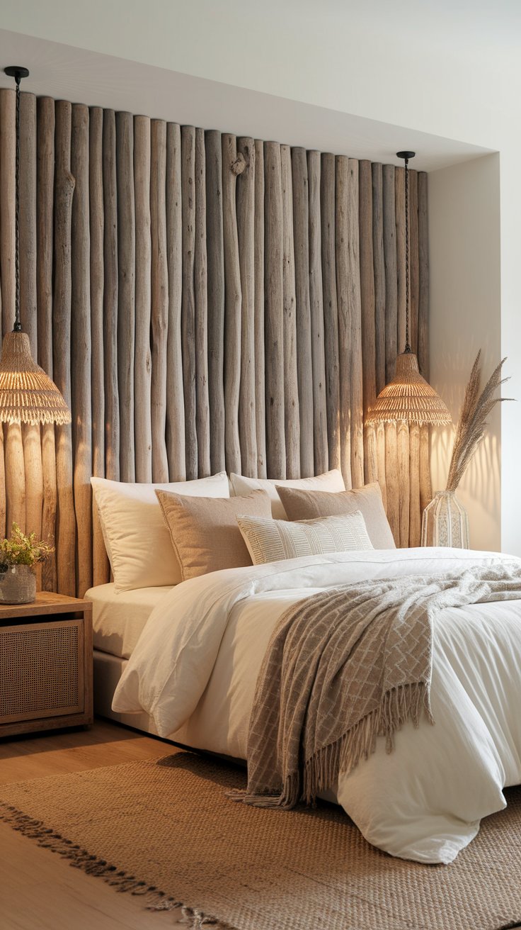 Driftwood headboard wall in boho rustic bedroom with neutral bedding and natural textures