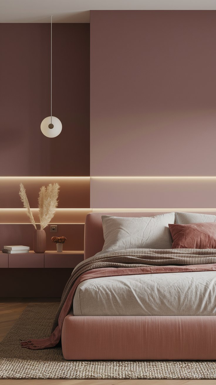 DIY half-dipped accent wall in dusty pink for modern bedroom with cozy minimalist decor