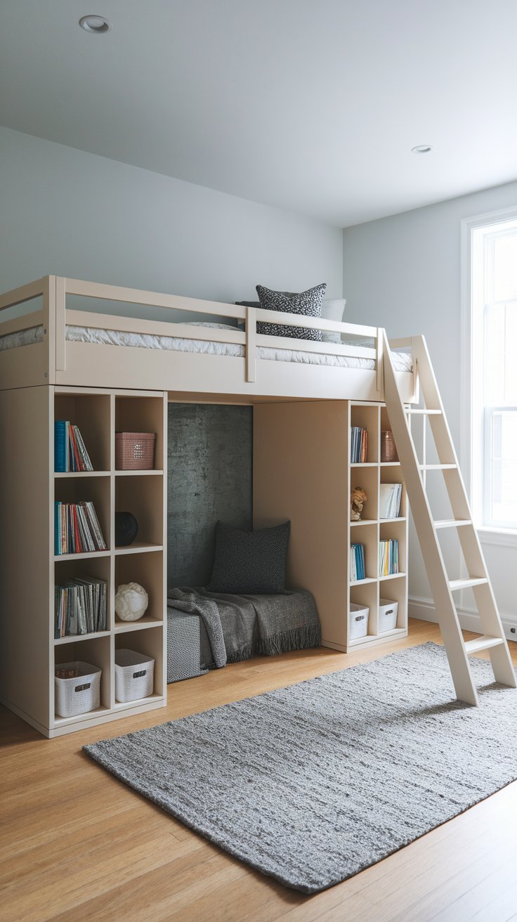 DIY loft bed with built-in bookshelves for stylish storage and space-saving bedroom design