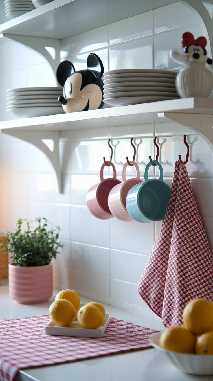 Mickey and Minnie Mouse dishware styled on open kitchen shelves with cozy farmhouse charm