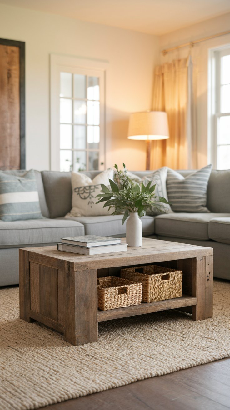 Bright, welcoming living room with a large gray sectional sofa accented by striped and embroidered pillows. A rustic wooden coffee table with woven storage baskets and a white vase of greenery sits atop a chunky knit rug, creating a cozy and organized central space.