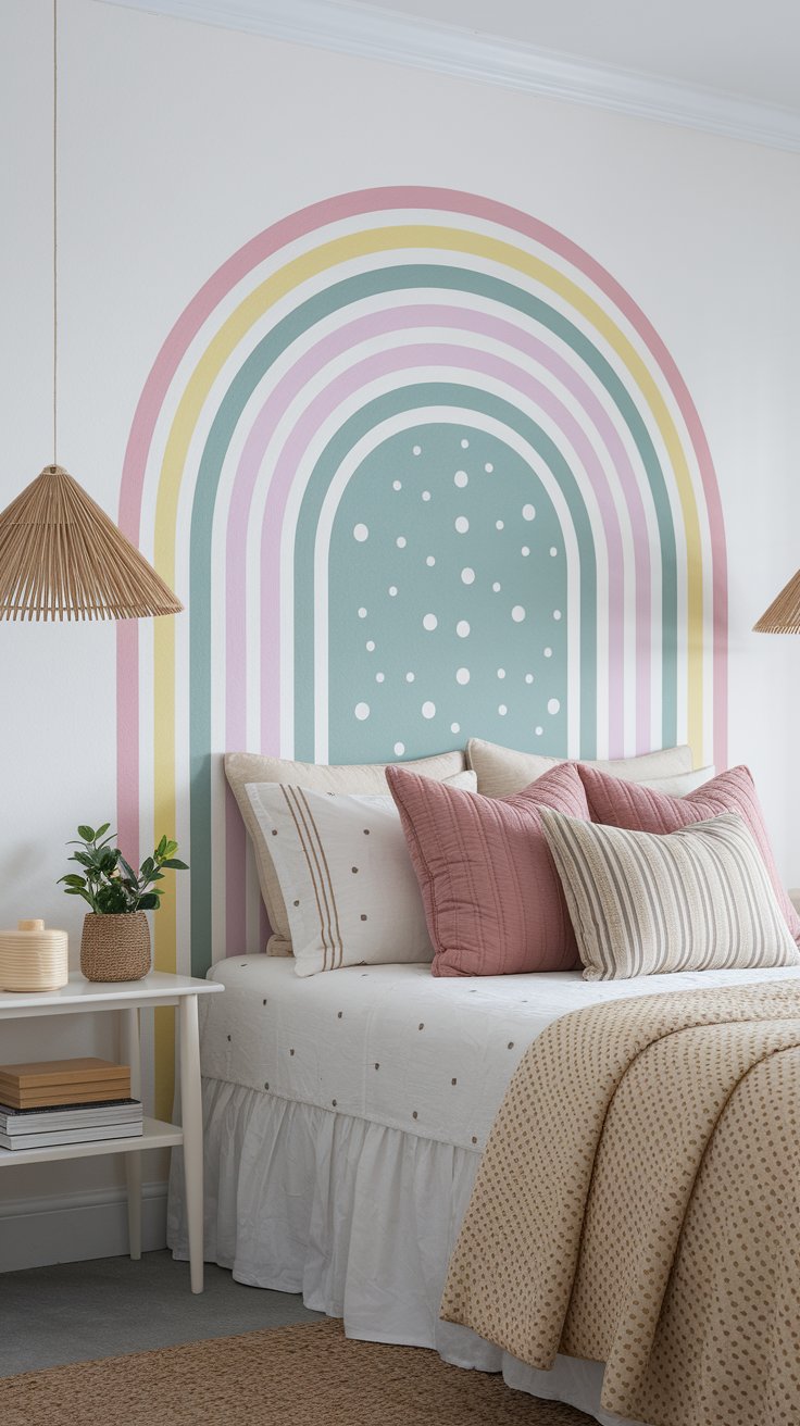 DIY pastel headboard mural painted directly on wall for renter-friendly bedroom upgrade