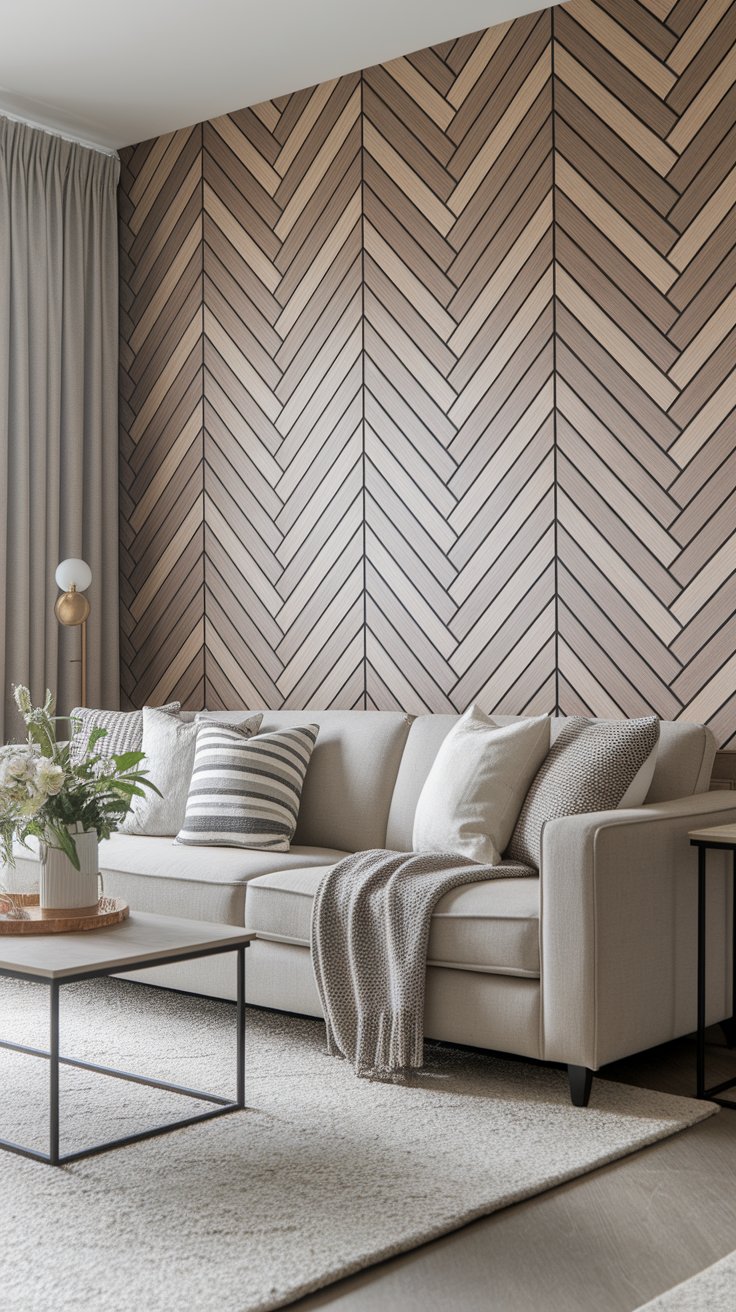 DIY herringbone wood accent wall with scrap pieces for elegant modern living room