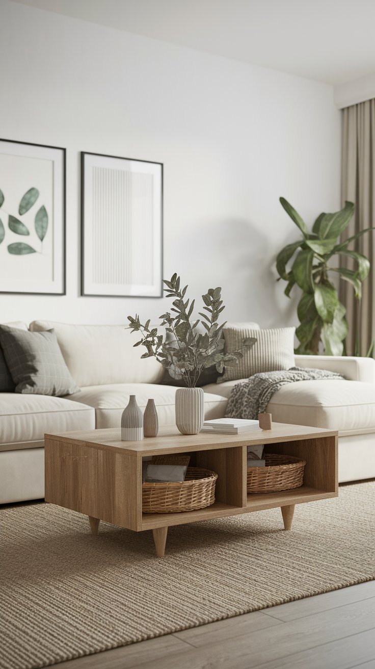 Neutral-toned living room with a cream-colored sectional sofa, minimalist framed wall art, and a light wood coffee table featuring open cubbies with wicker baskets. Decorative vases and a leafy arrangement sit atop the table, adding texture to the calm, earthy palette.