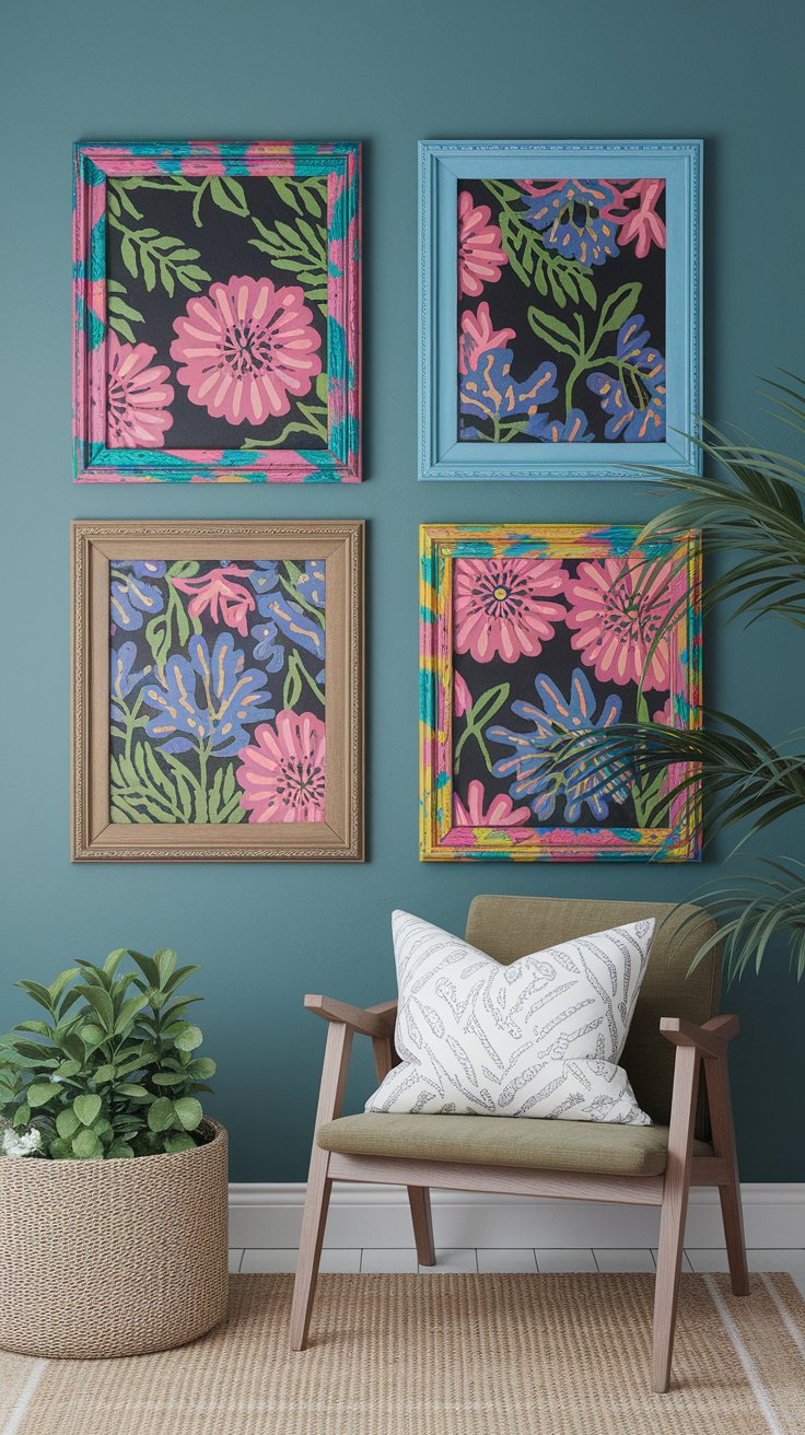 DIY stenciled mirror frame using upcycled picture frame for bold entryway styling