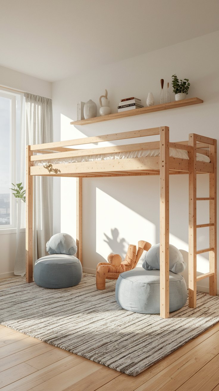 Scandinavian-style plywood loft bed with natural textures and minimalist design