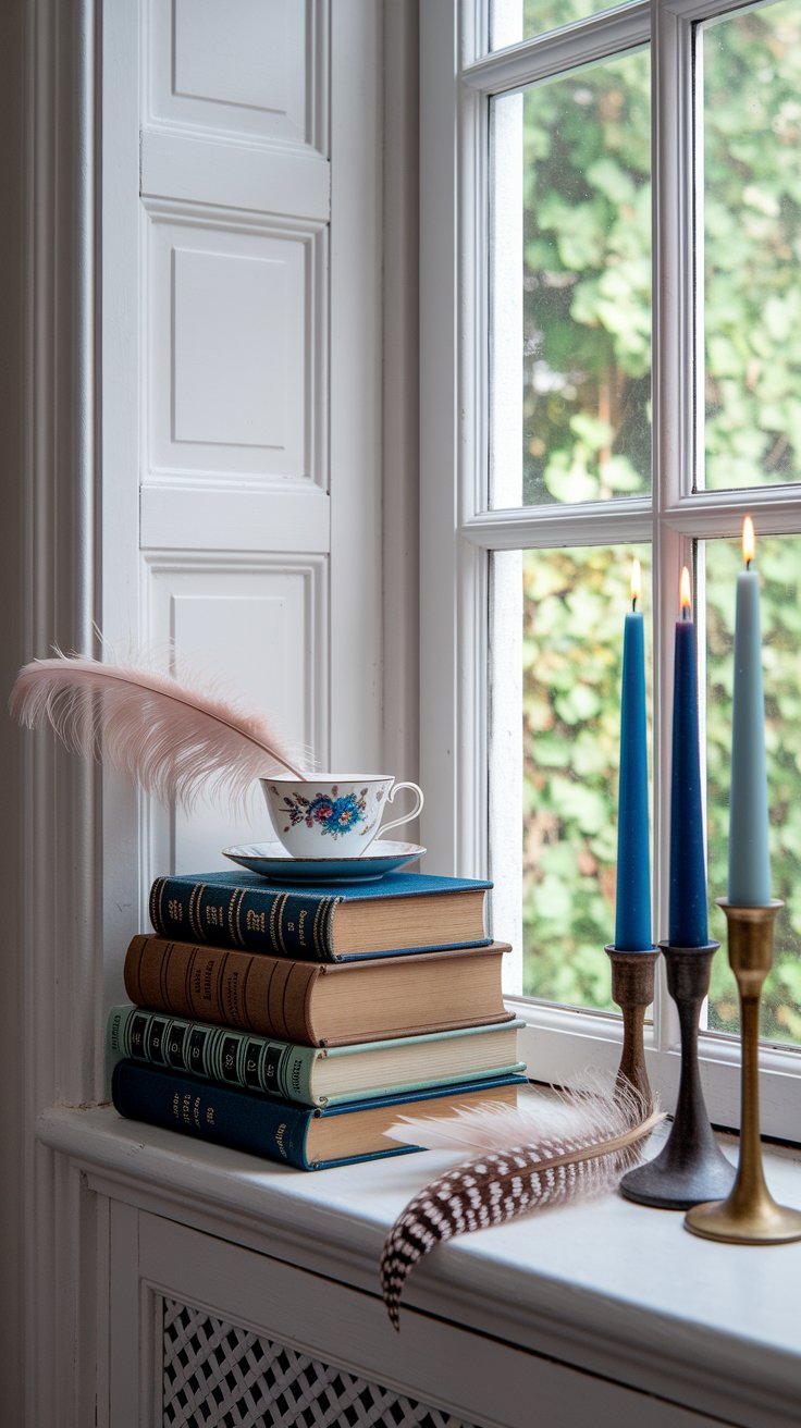 Window ledge styled with vintage books and natural objects for personal boho rustic decor