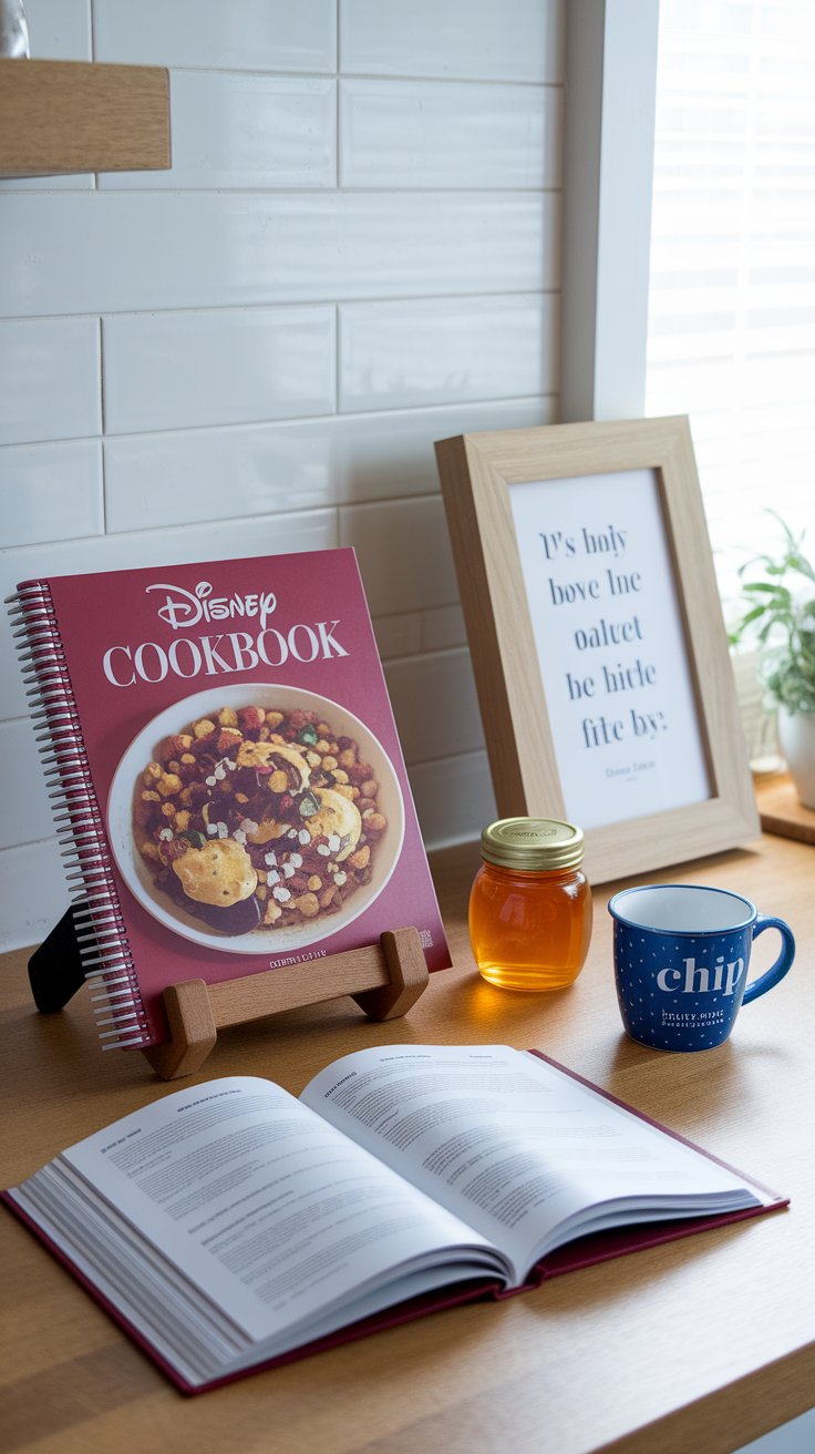 Disney recipe books styled on kitchen counter with themed mugs and accessories