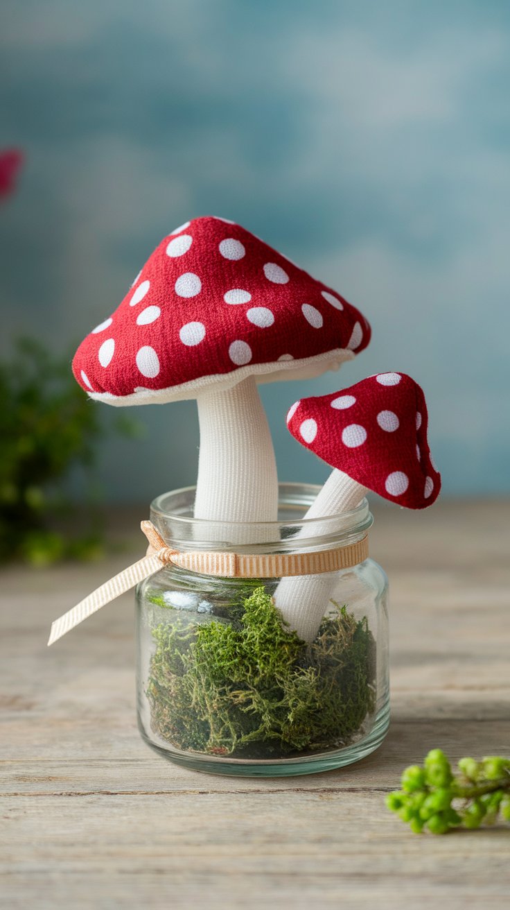 DIY fabric mushroom jar for whimsical and magical room shelf decor