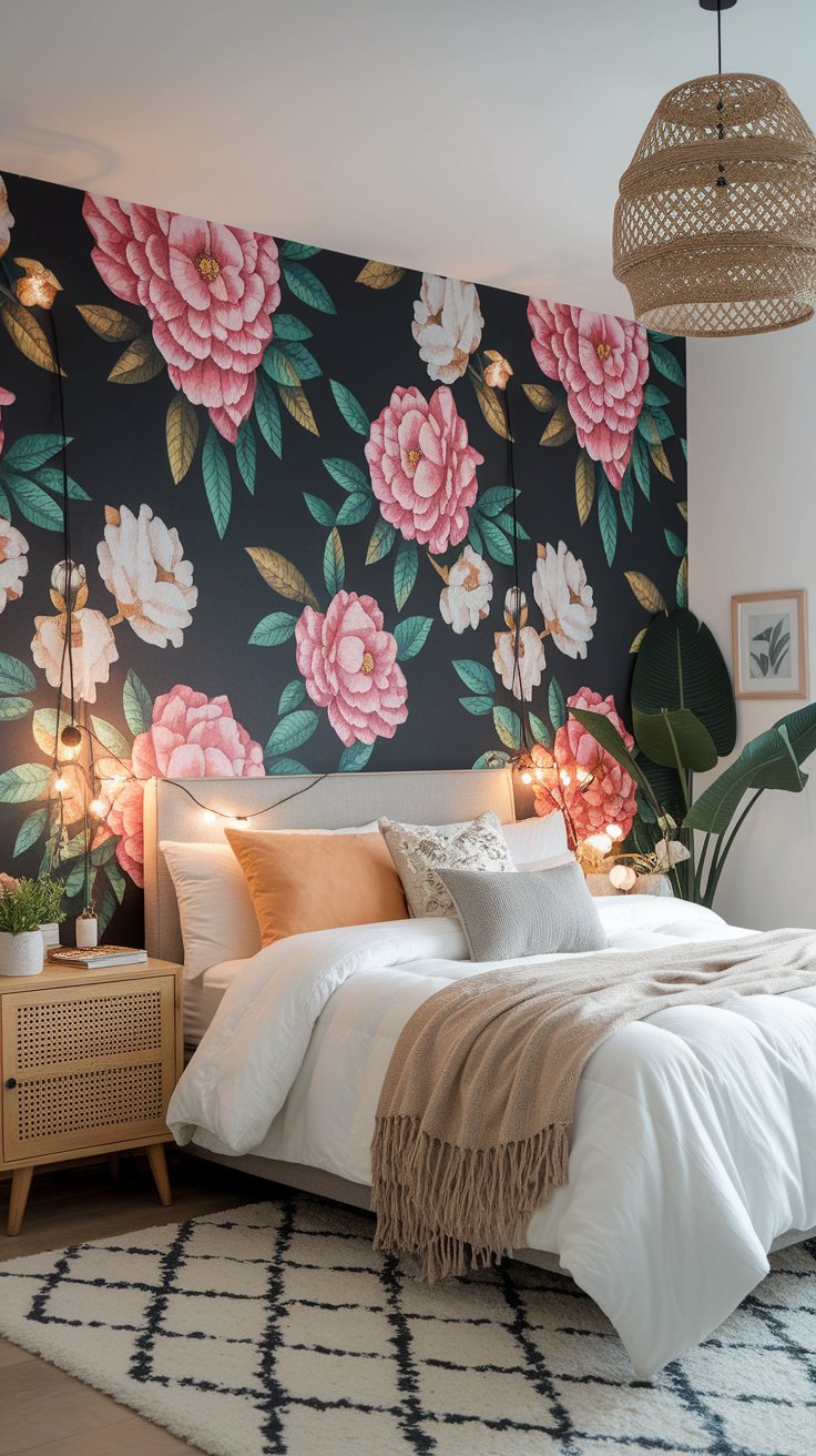 Fabric-covered accent wall with floral tapestry for boho bedroom with cozy lighting
