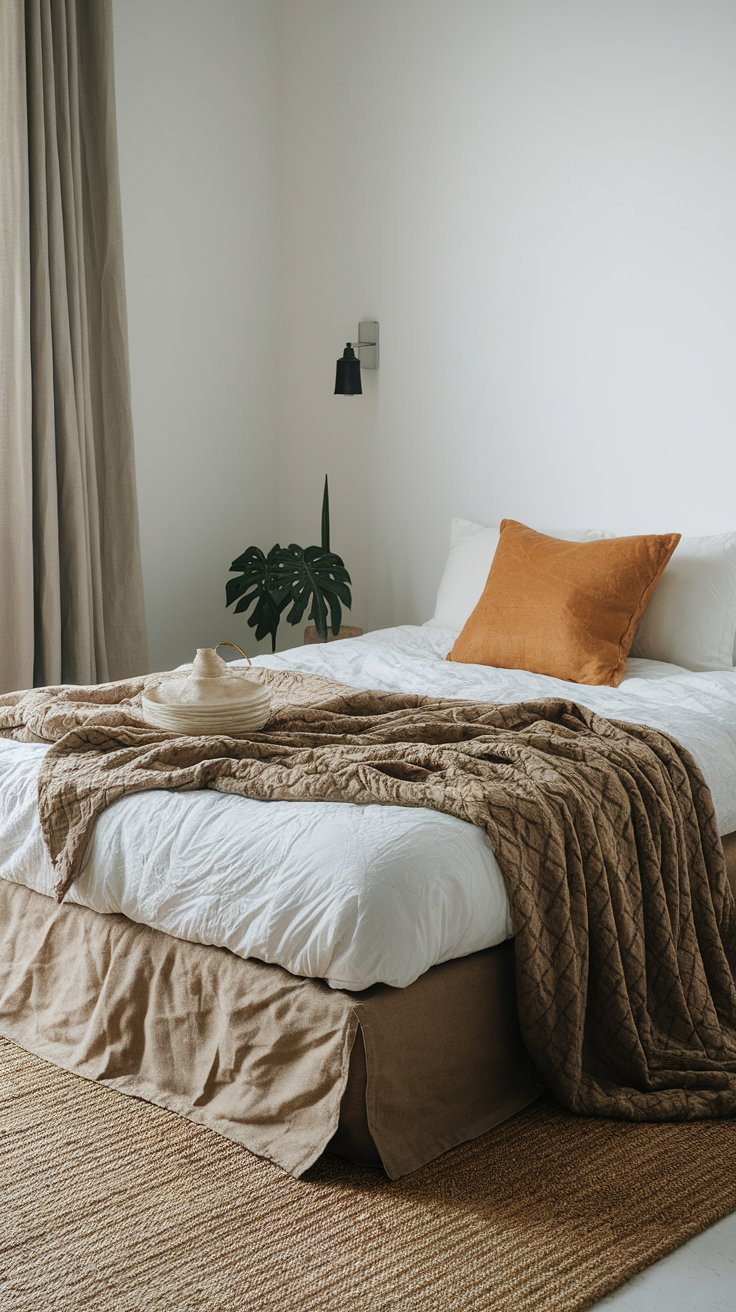 Floor bed with natural textures and earthy layers for grounded boho rustic bedroom vibe