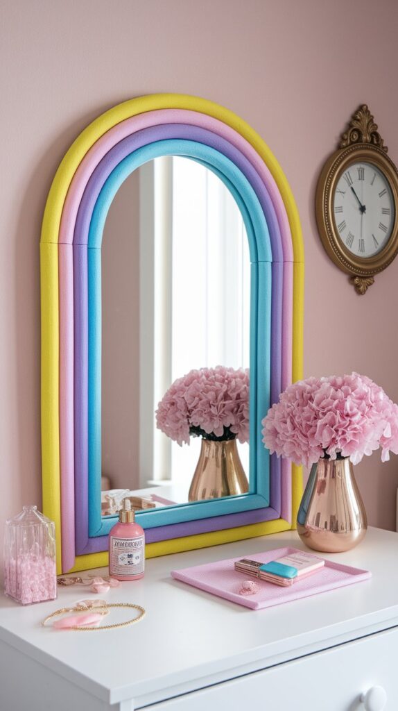 Foam pool noodle mirror frame with arched shape for budget-friendly glam vanity decor