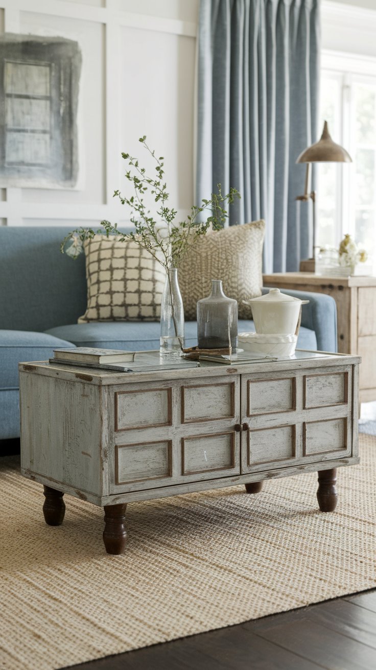 Rustic living room with a distressed wood coffee table featuring paneled cabinet doors and turned legs, styled with vintage books, glass vases, and a ceramic bowl. A soft blue sofa with patterned pillows and pleated curtains in a similar hue enhance the cozy, farmhouse-inspired aesthetic.