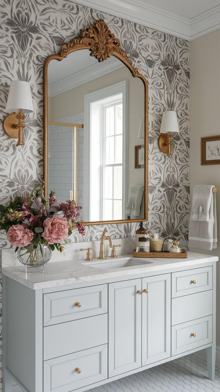 Gold leaf mirror frame with antique finish for elegant bathroom or hallway accent