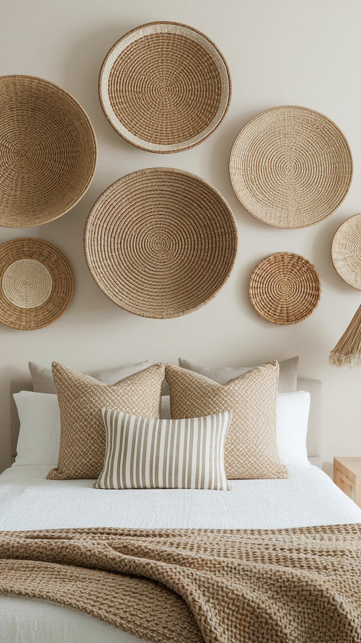 Oversized woven wall plates as focal point in boho rustic bedroom with natural materials