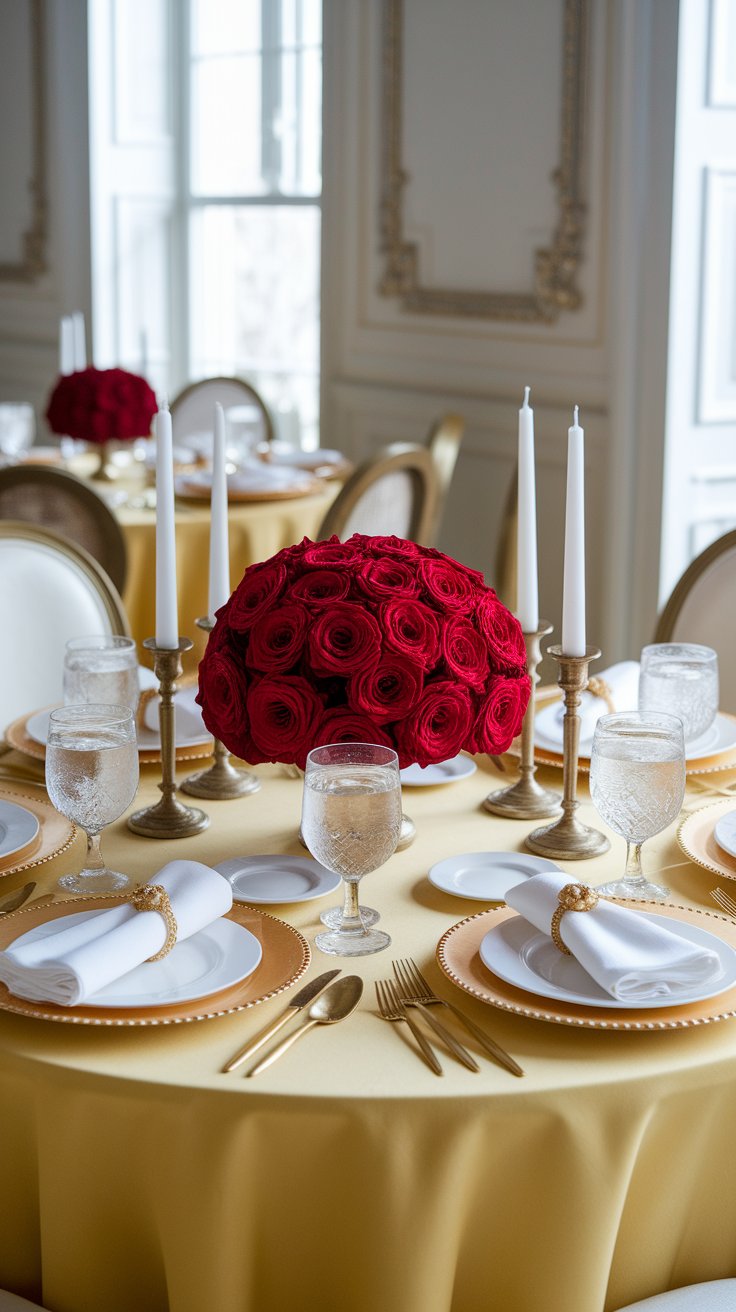 Princess-themed table setting inspired by Belle with gold accents and romantic florals
