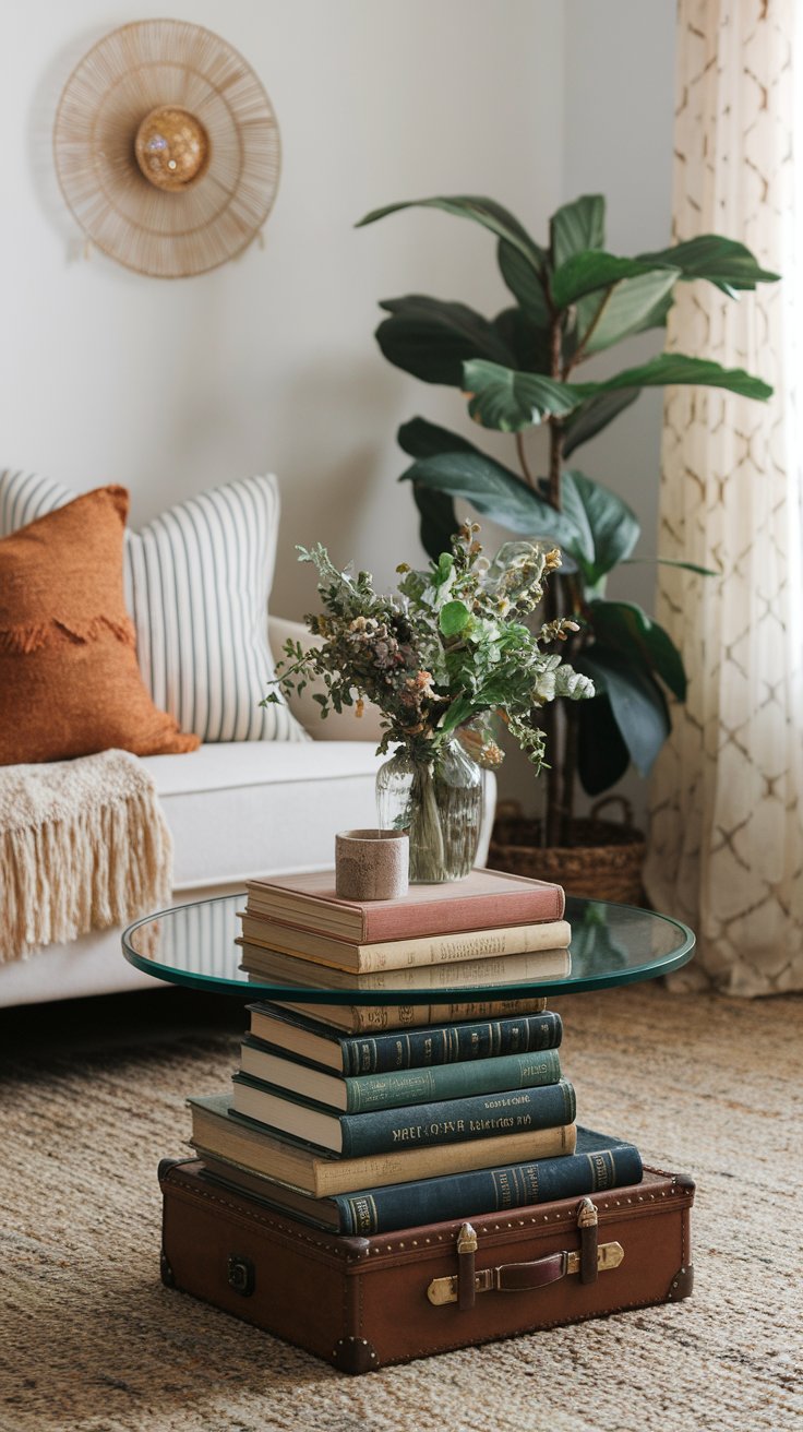 Eclectic living room corner featuring a DIY coffee table made from stacked vintage books and a leather suitcase, topped with a round glass surface. A small vase of greenery and a ceramic cup sit on top, complementing the cozy neutral décor with earthy tones and a boho touch.