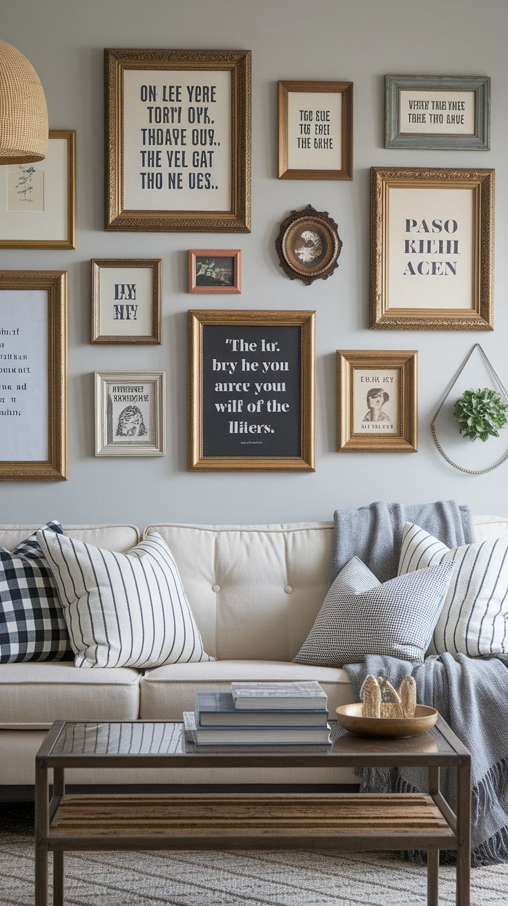 DIY gallery wall with thrifted frames and vintage prints for personalized living room deco
