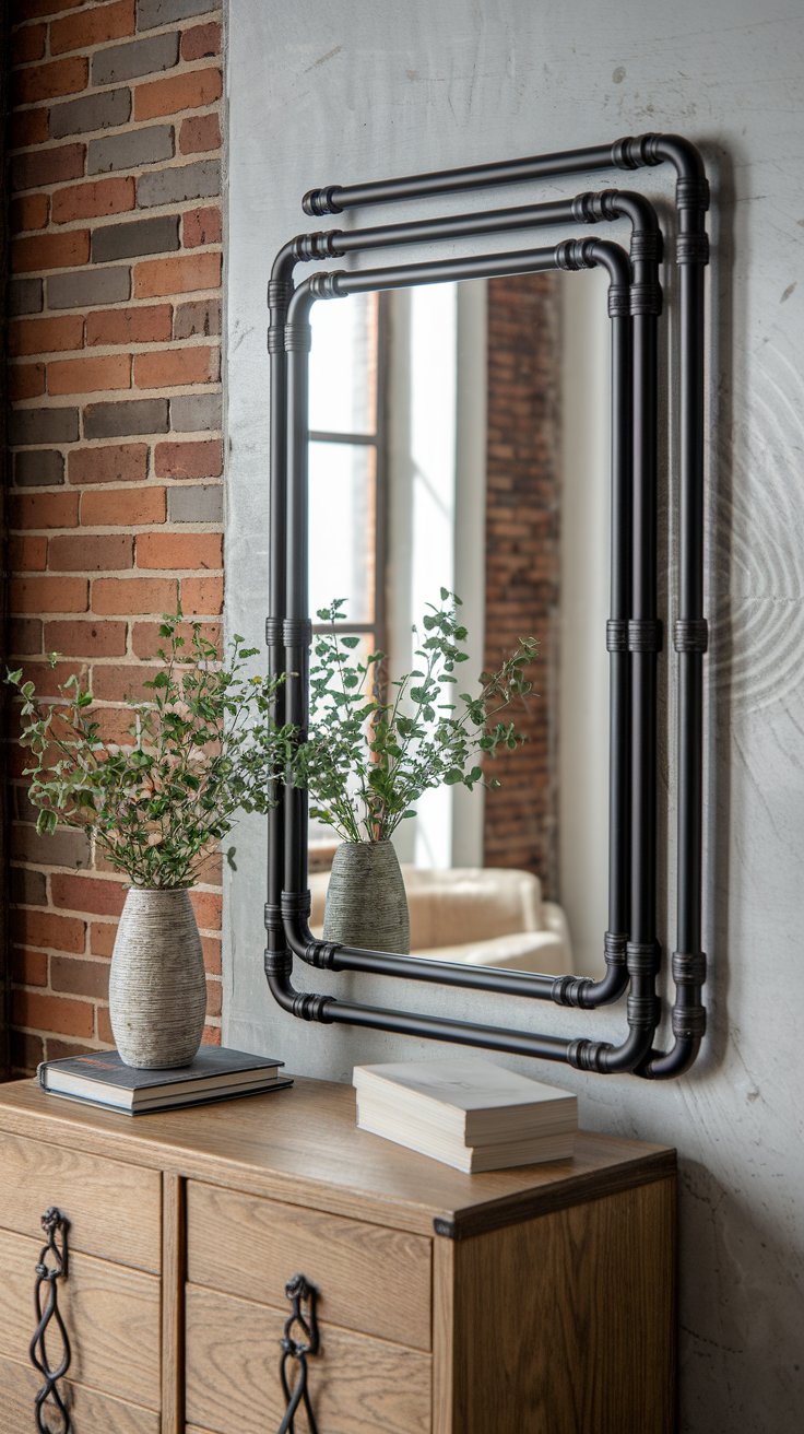 Industrial pipe mirror frame in matte black for modern loft or bachelor pad deco
