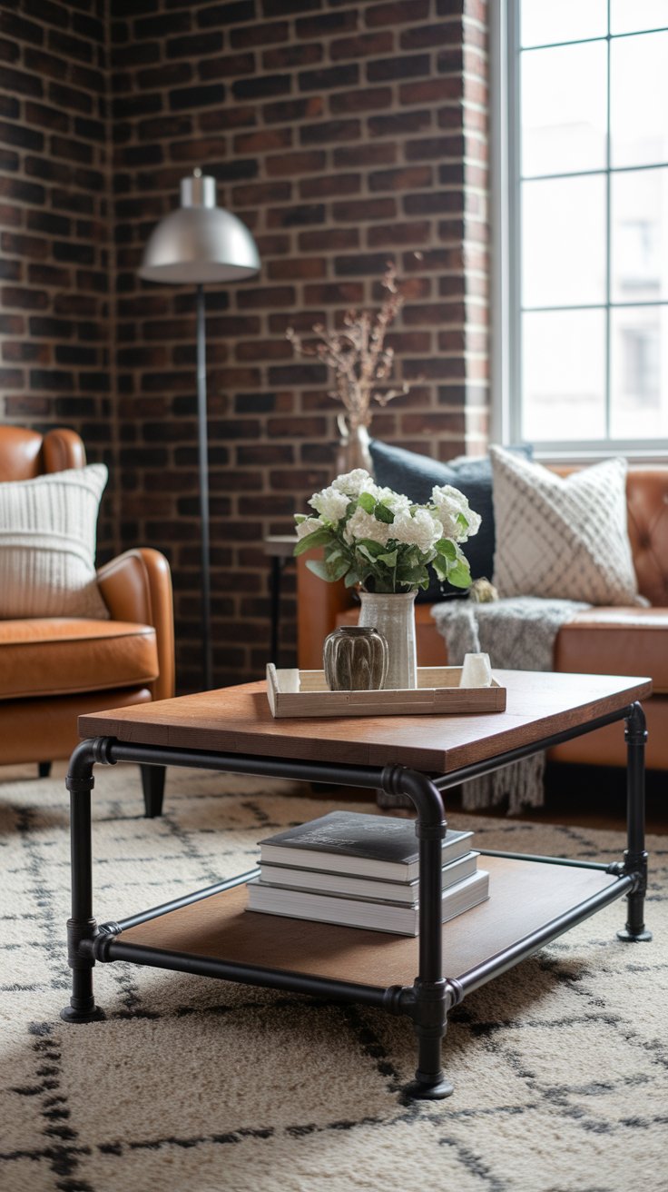 Industrial-style living room featuring a square wood and metal pipe coffee table with a vase of white flowers and ceramic decor on a rectangular tray. Surrounded by caramel leather chairs, a neutral patterned rug, and an exposed brick wall, the space blends warmth with urban edge.