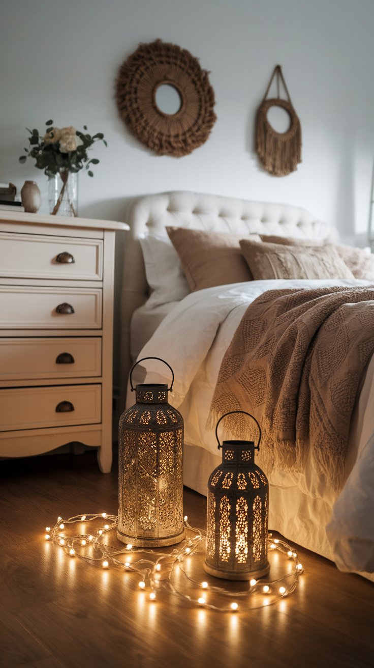 Lanterns with string lights for ambient lighting in boho rustic bedroom setup