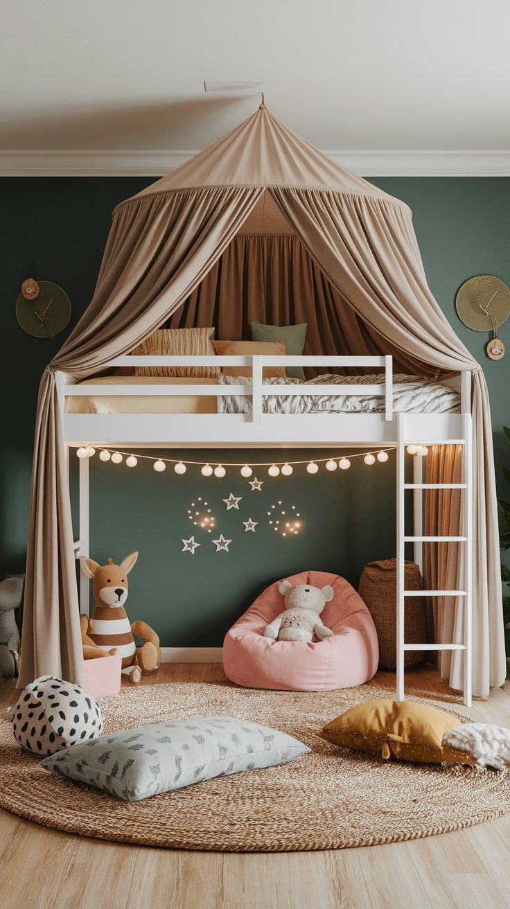 DIY loft bed with tent or curtain enclosure for imaginative and private play space