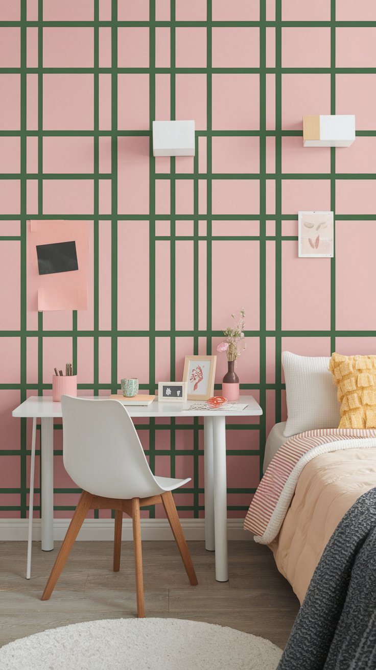 Washi tape accent wall with pastel grid pattern for renter-friendly dorm room design