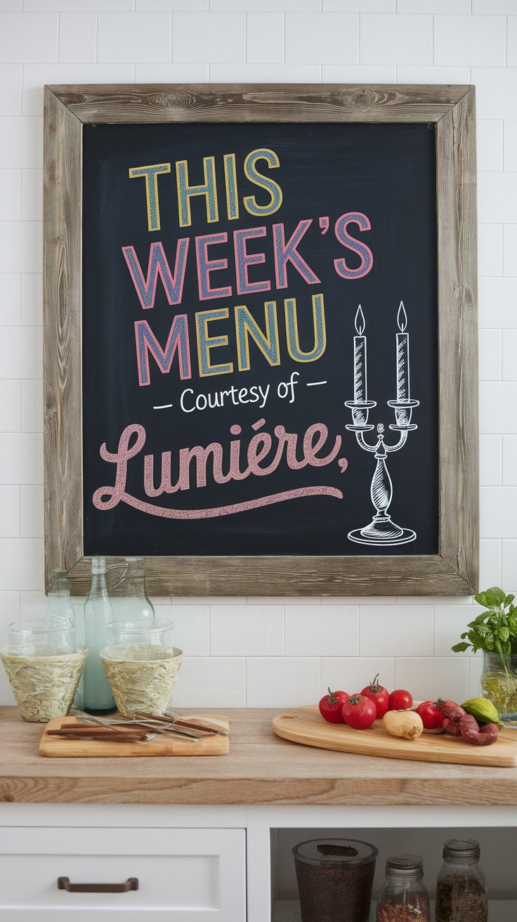 Disney chalkboard menu with themed quotes and sketches for playful kitchen planning