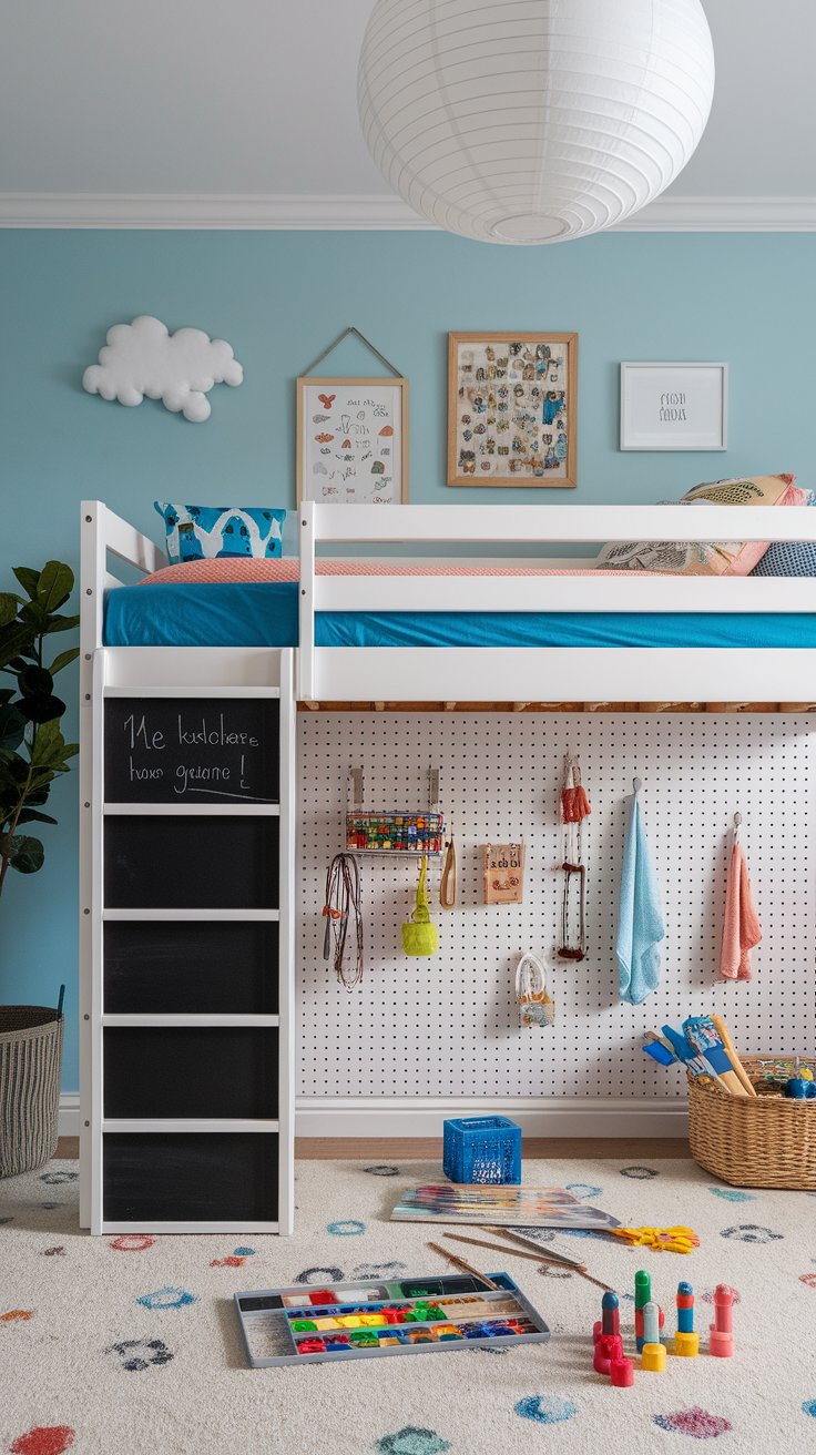 Loft bed with chalkboard and pegboard features for personalized and creative kids’ space