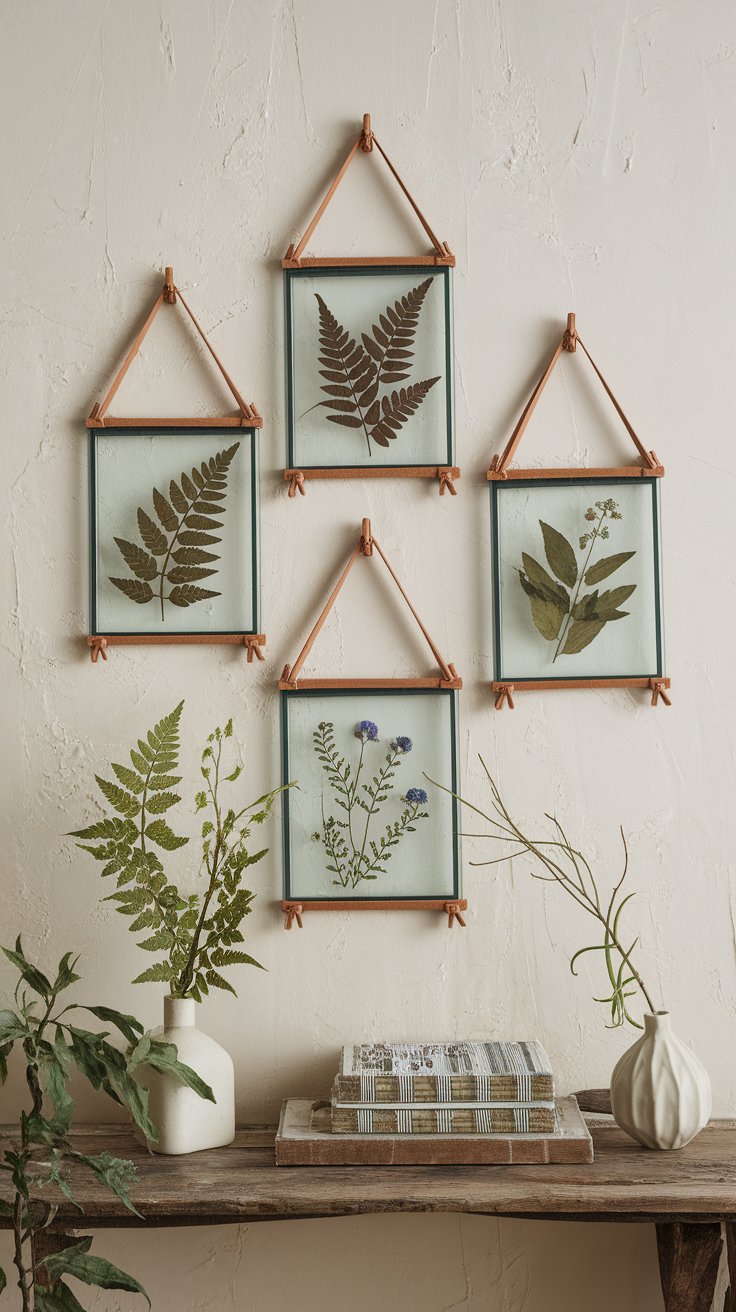 Pressed botanical frames with leather hangers for delicate boho rustic wall deco
