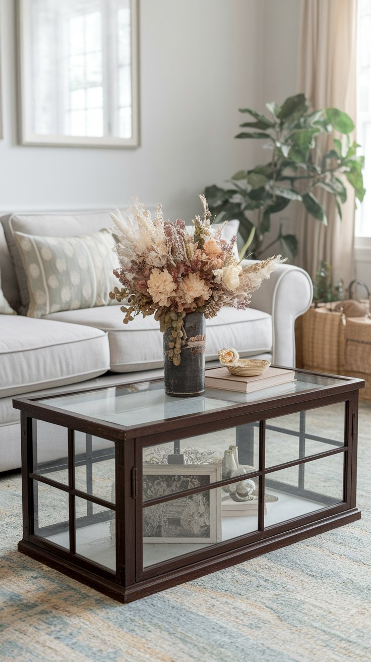 Bright and airy living room featuring a glass-panel coffee table with dark wood framing, styled with a dried floral arrangement in a rustic vase, a small decorative bowl, and a pair of books. A light grey sofa with patterned cushions and soft neutral tones creates a cozy, elegant atmosphere.