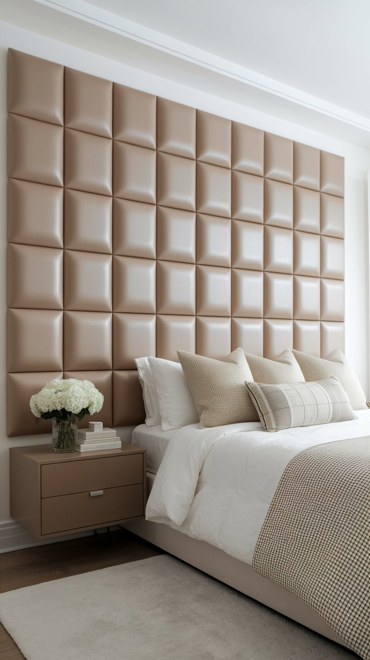 3D wall art grid using foam boards for modern bedroom accent wall with architectural texture