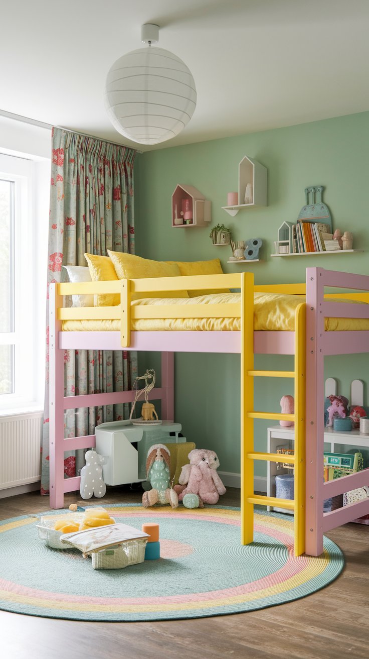 Brightly painted loft bed in bold or pastel colors for cheerful and expressive bedroom design