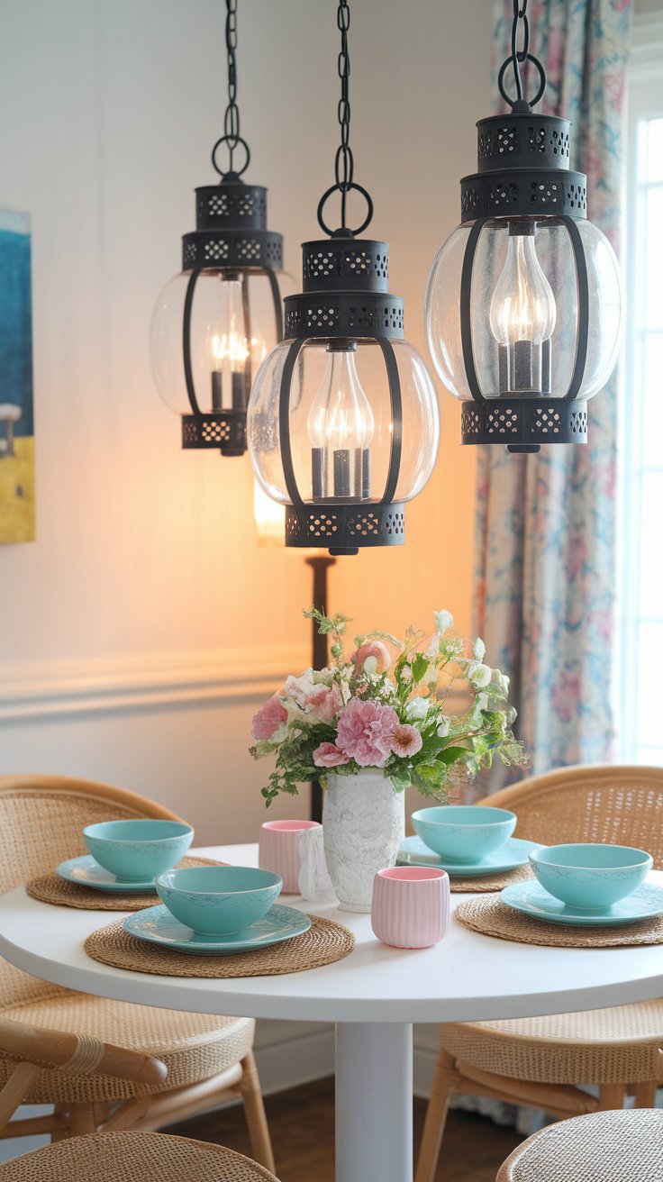 Fairytale kitchen lighting with lantern pendants for magical breakfast nook ambiance
