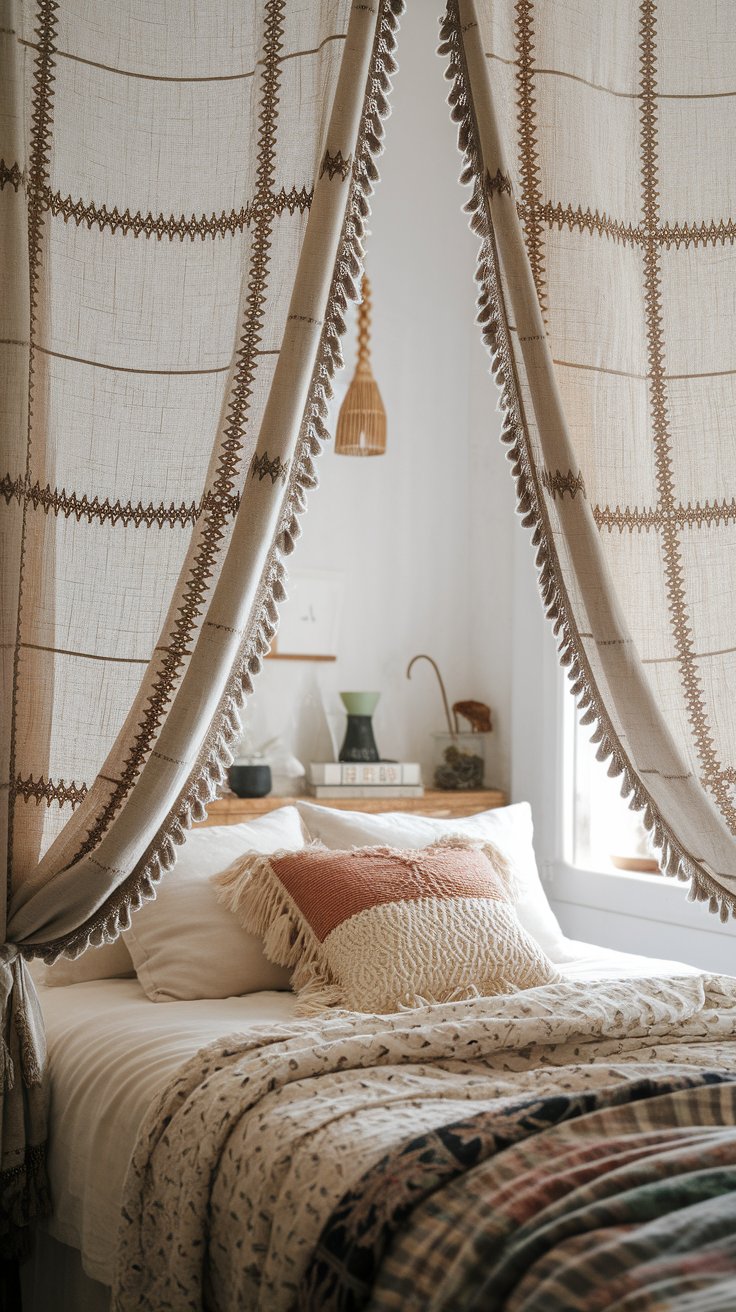 Patchwork curtains from upcycled fabrics for personalized boho rustic window treatment